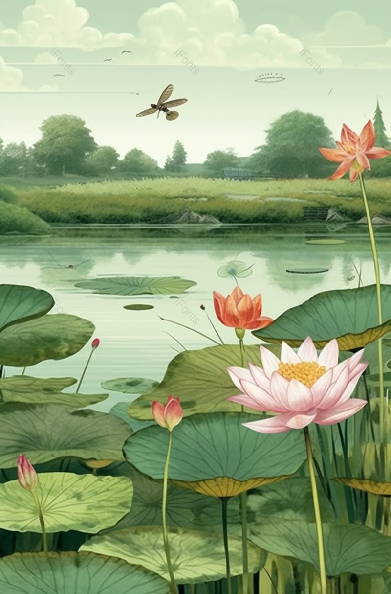 池塘里的荷花盛开安逸自然的环境节气背景素材插画壁纸,插画/手绘图,插画/手绘图库,插画/手绘图下载,插画/手绘